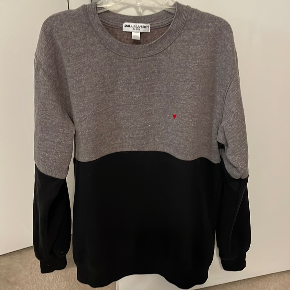 Sub_urban Riot Gray/Black with red heart sweatshirt. Size Small